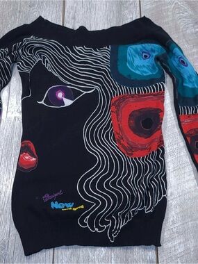 Desigual Black Off-the-Shoulder Sweater with Red and Teal Accents